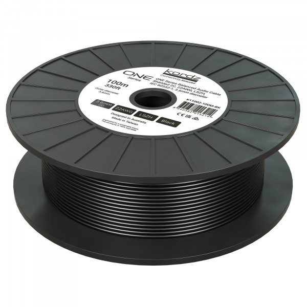ONE symmetrisches Audiokabel, analog, geschirmt, 2-adrig, 22 AWG, LSZH, schwarz, 100 m